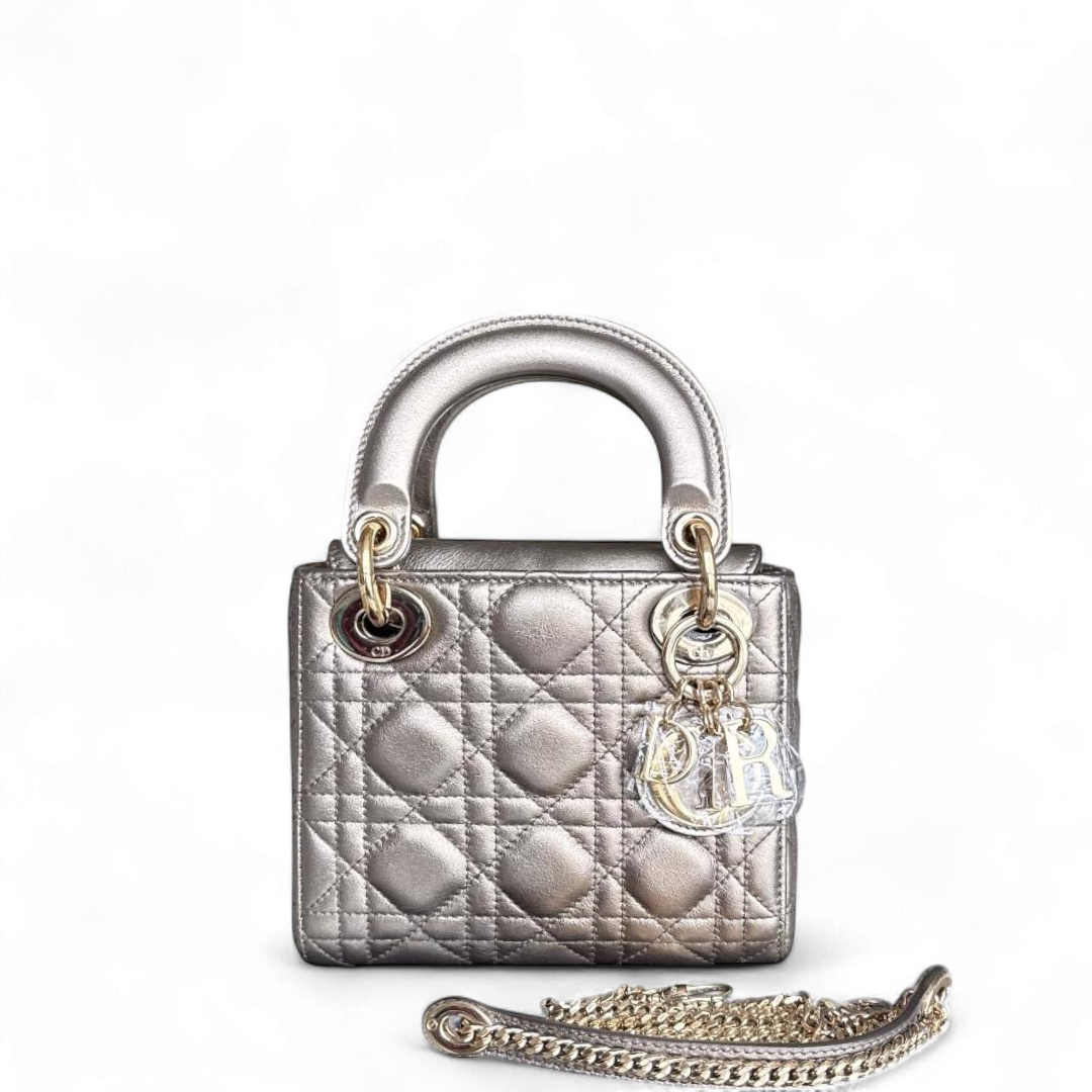 DIO Lady Mini - Cannage bronze metallic calfskin chain shoulder bag with gold-tone hardware