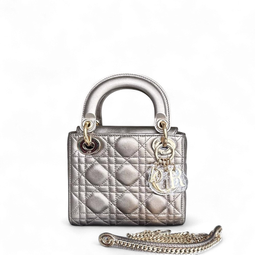 DIO Lady Mini - Cannage bronze metallic calfskin chain shoulder bag with gold-tone hardware