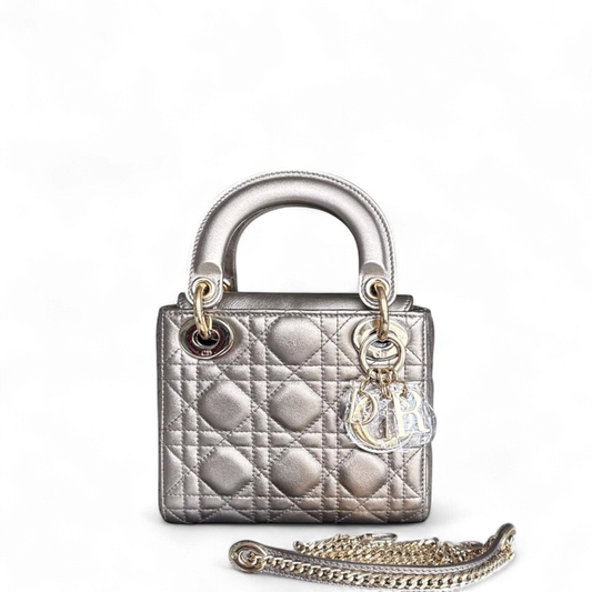 Kovancy Lady Mini - Bandoulière chaîne en cuir de veau Cannage bronze métallisé avec quincaillerie dorée