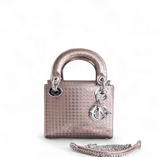 Kovancy Lady Mini - Bandoulière chaîne en cuir de veau micro-cannage métallisé or rose et métal argenté
