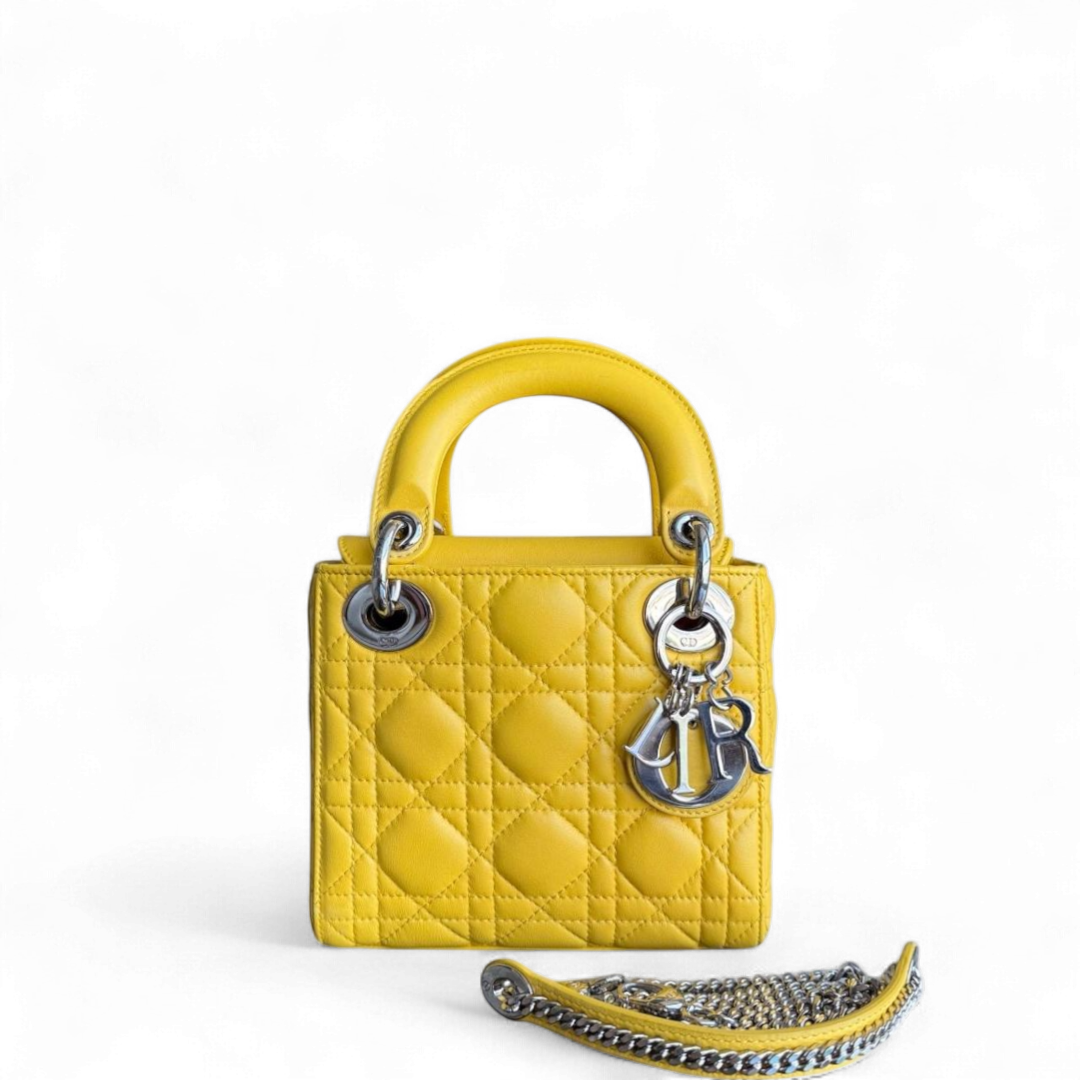 Kovancy Lady Mini Flap - Cuir d'agneau Cannage jaune, sangle chaîne, quincaillerie argentée, quincaillerie argentée