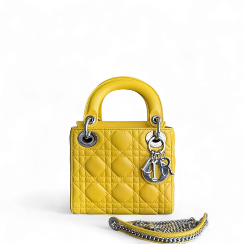 Kovancy Lady Mini Flap - Cuir d'agneau Cannage jaune, sangle chaîne, quincaillerie argentée, quincaillerie argentée