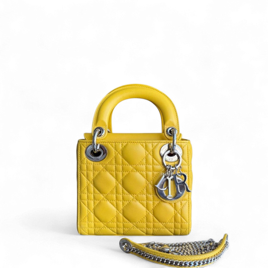 Kovancy Lady Mini Flap - Cuir d'agneau Cannage jaune, sangle chaîne, quincaillerie argentée, quincaillerie argentée