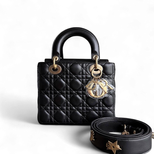 Kovancy Lady Petit rabat - Cuir d'agneau Cannage noir et quincaillerie dorée
