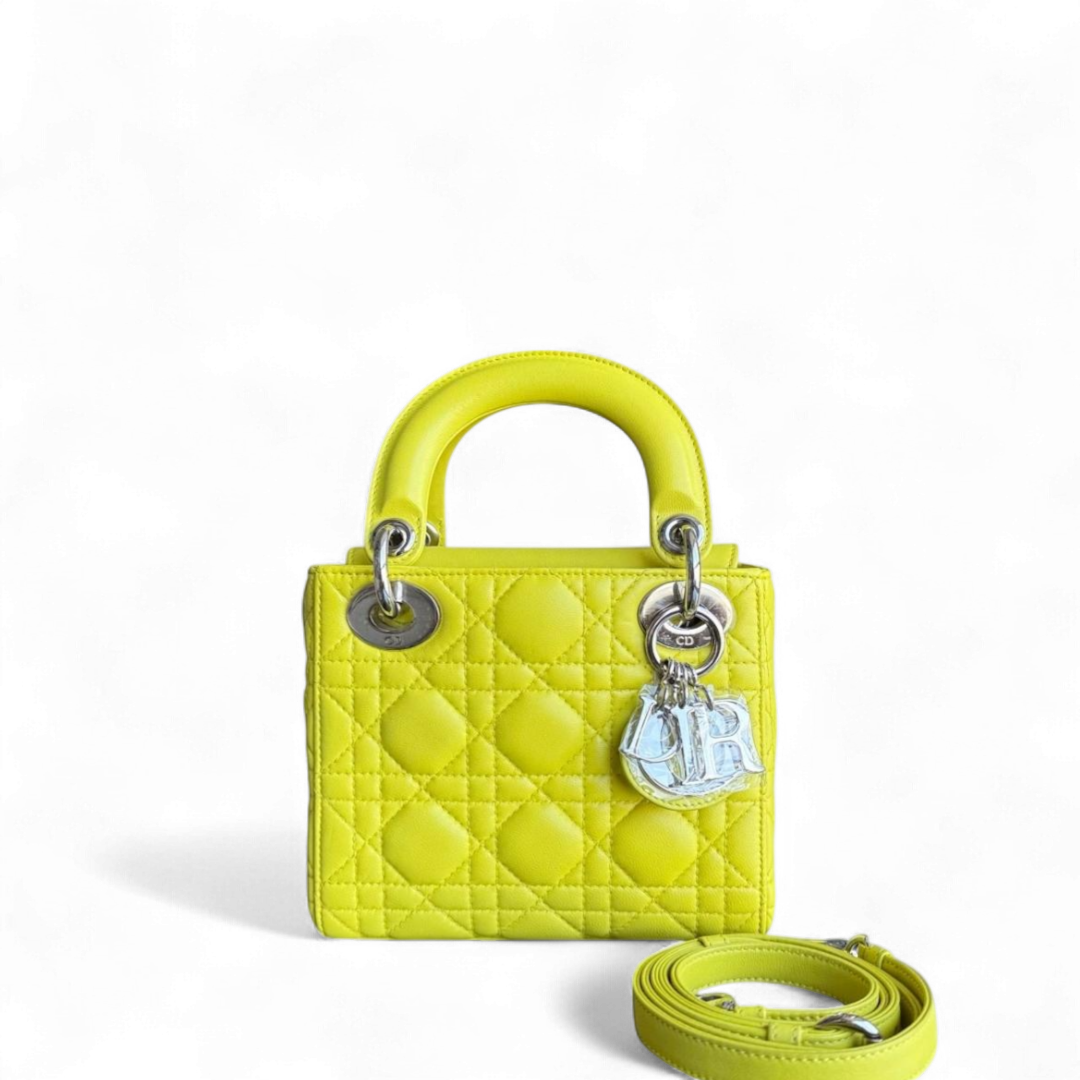 Kovancy Lady Mini - Sangle réglable en cuir d'agneau Cannage jaune et métal argenté
