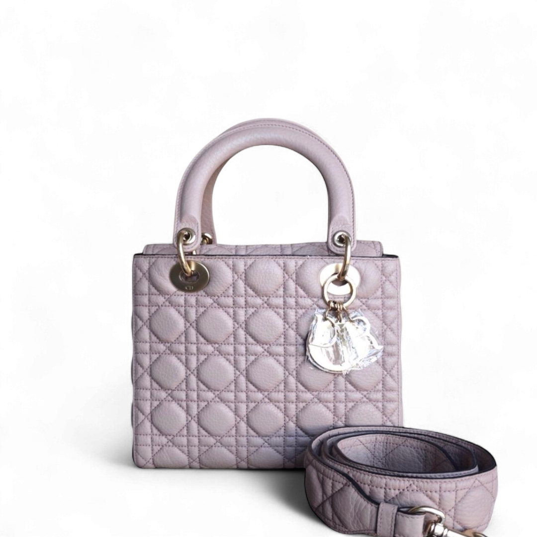 Kovancy Lady Rabat moyen - Cuir de veau grainé Cannage, rose nude, matériel doré