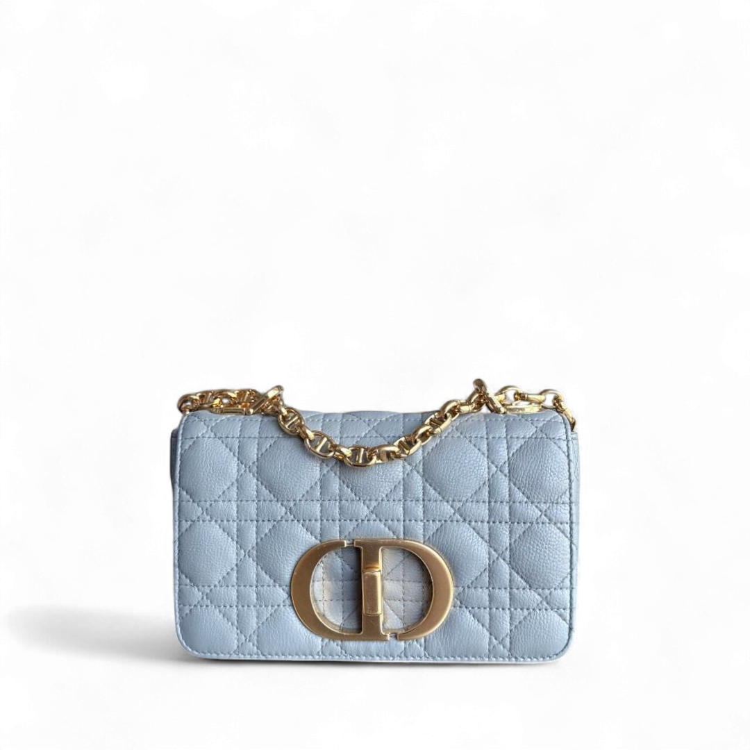 Kovancy Caro Small - Cuir de veau grainé Cannage Gris Gris Métal doré