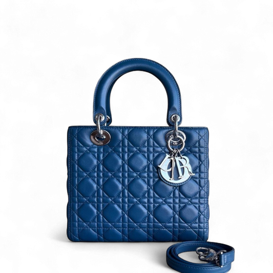 Kovancy Lady Moyen - Cuir d'agneau Cannage bleu, quincaillerie argentée