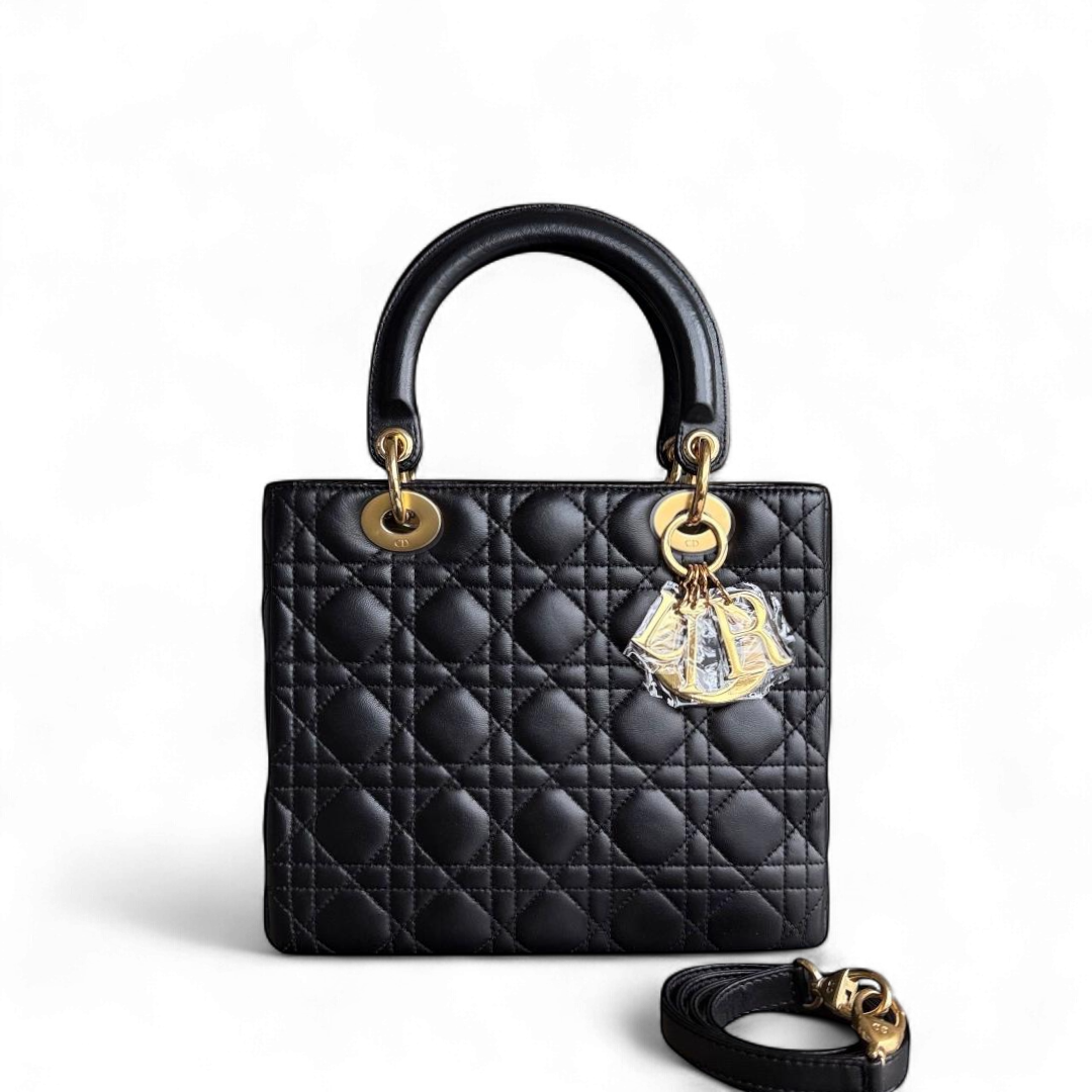 DIO Lady Medium - Black Cannage Lambskin and Gold-Tone Hardware