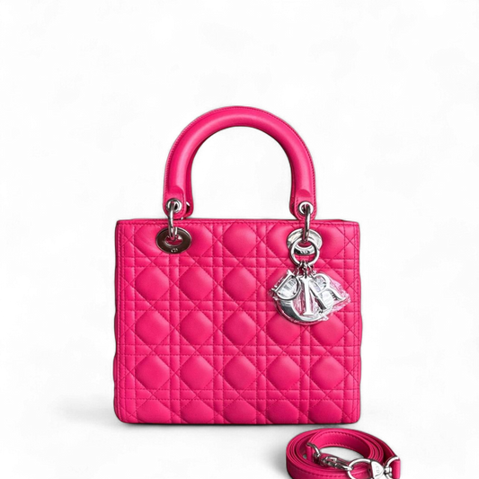 Kovancy Lady Moyen - Cuir d'agneau Cannage rose vif, quincaillerie argentée