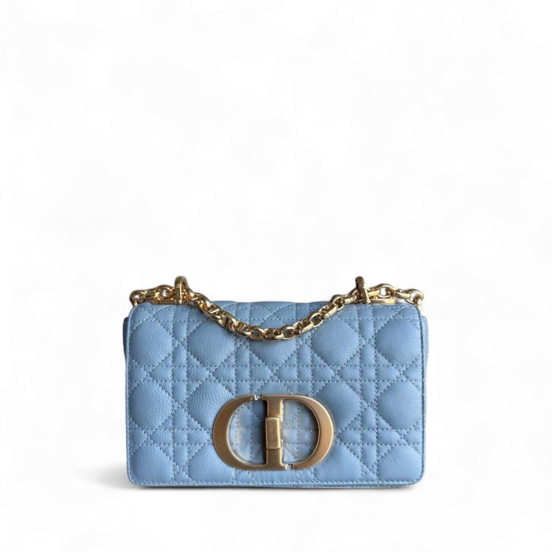 Kovancy Caro Small - Cuir de veau Cannage Haze Bleu Métal doré