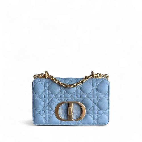 Kovancy Caro Small - Cuir de veau Cannage Haze Bleu Métal doré