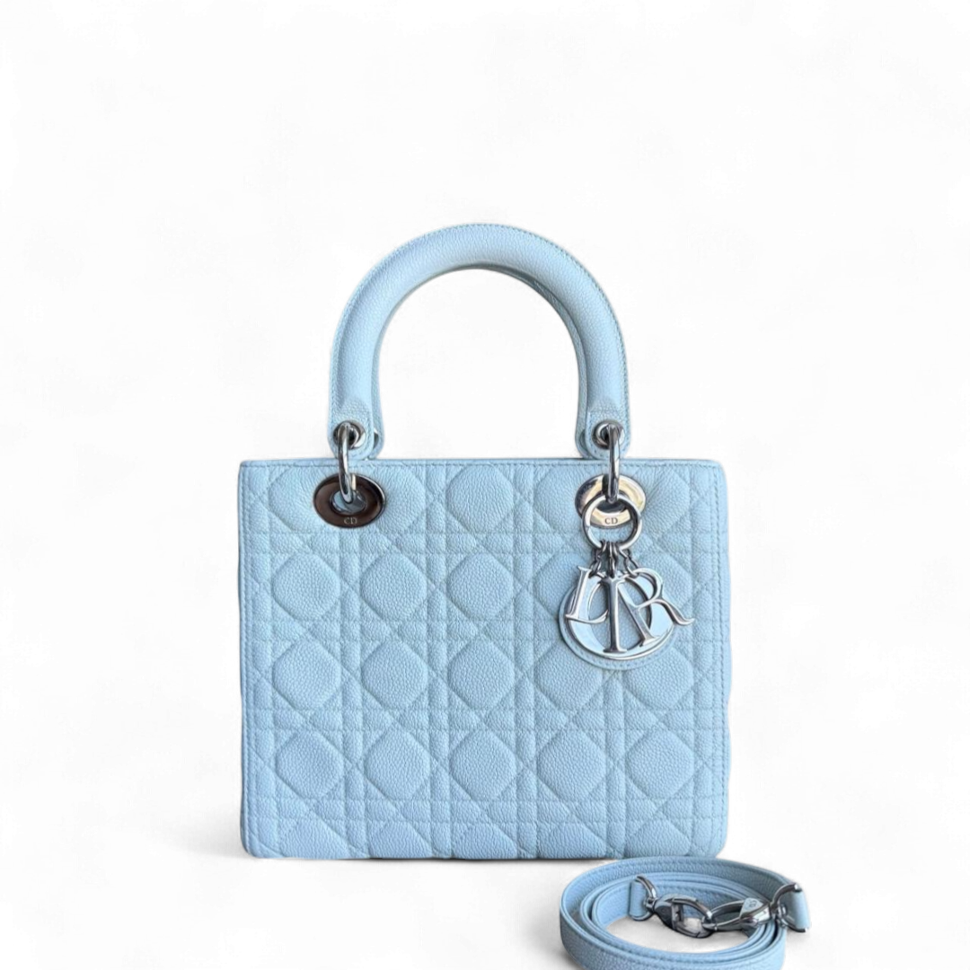 Kovancy Lady Caviar moyen - Cuir de veau grainé Cannage Blanc glacier Bleu glacier Quincaillerie argentée