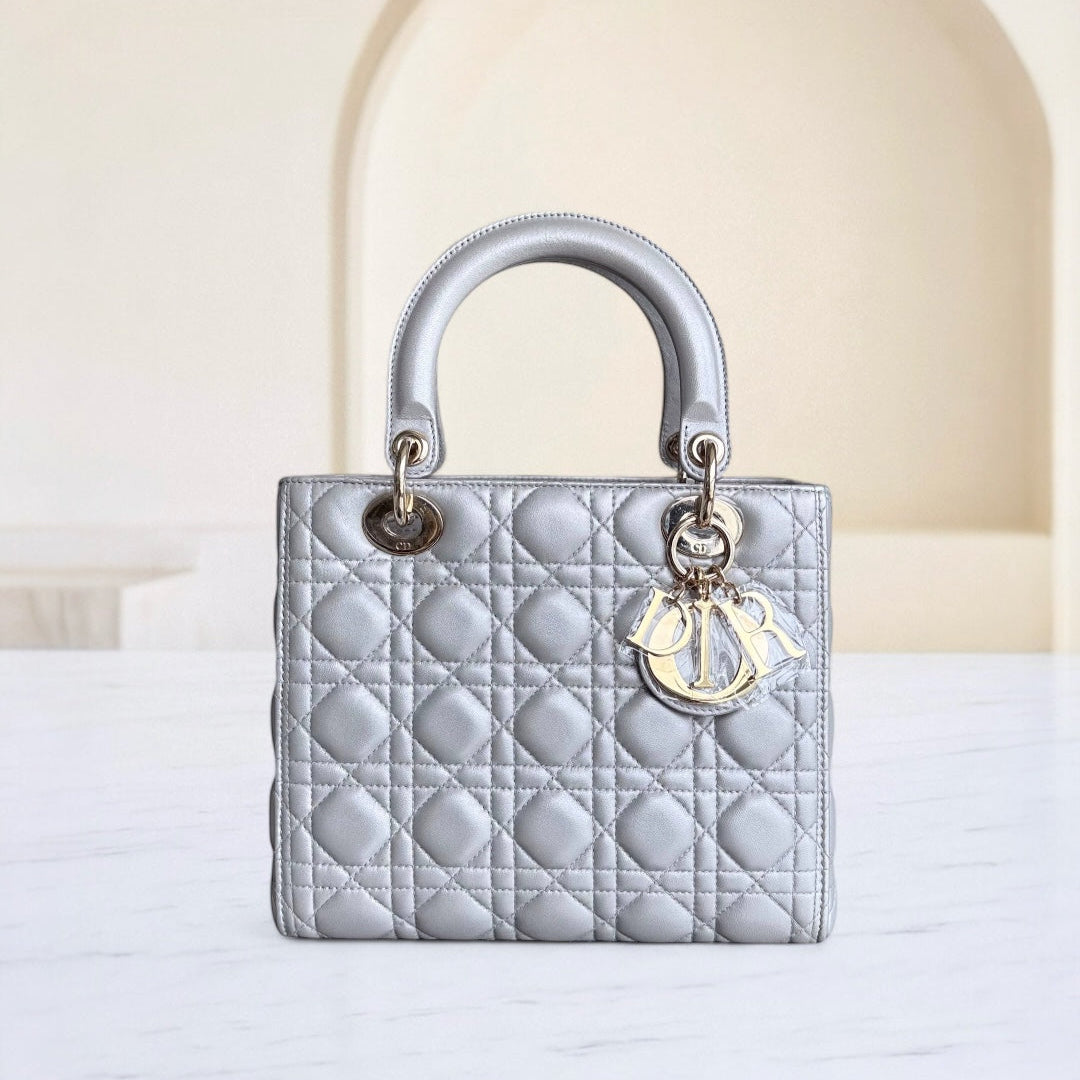 Medium DIO Lady - Grey Cannage Lambskin Gold Hardware NO STRAP
