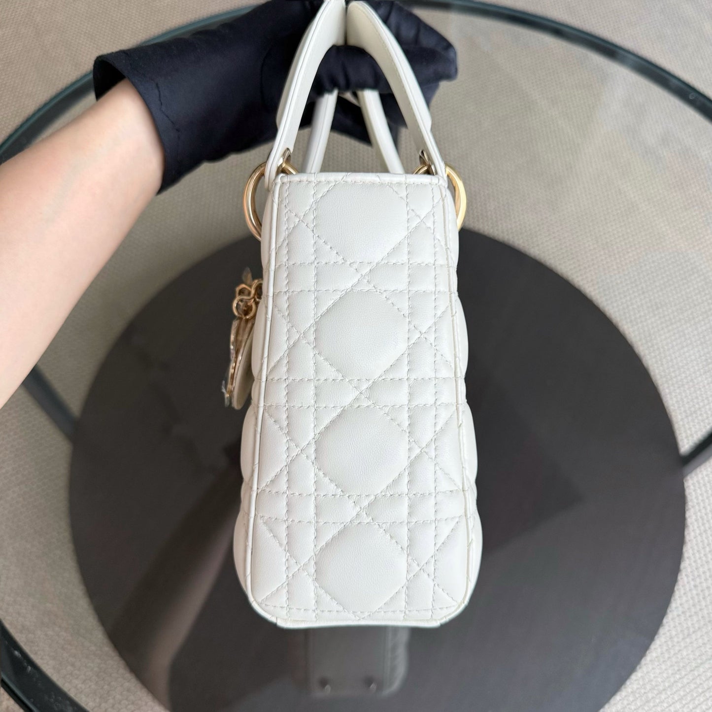 Kovancy Lady Petit - Cuir d'agneau Cannage blanc, quincaillerie dorée