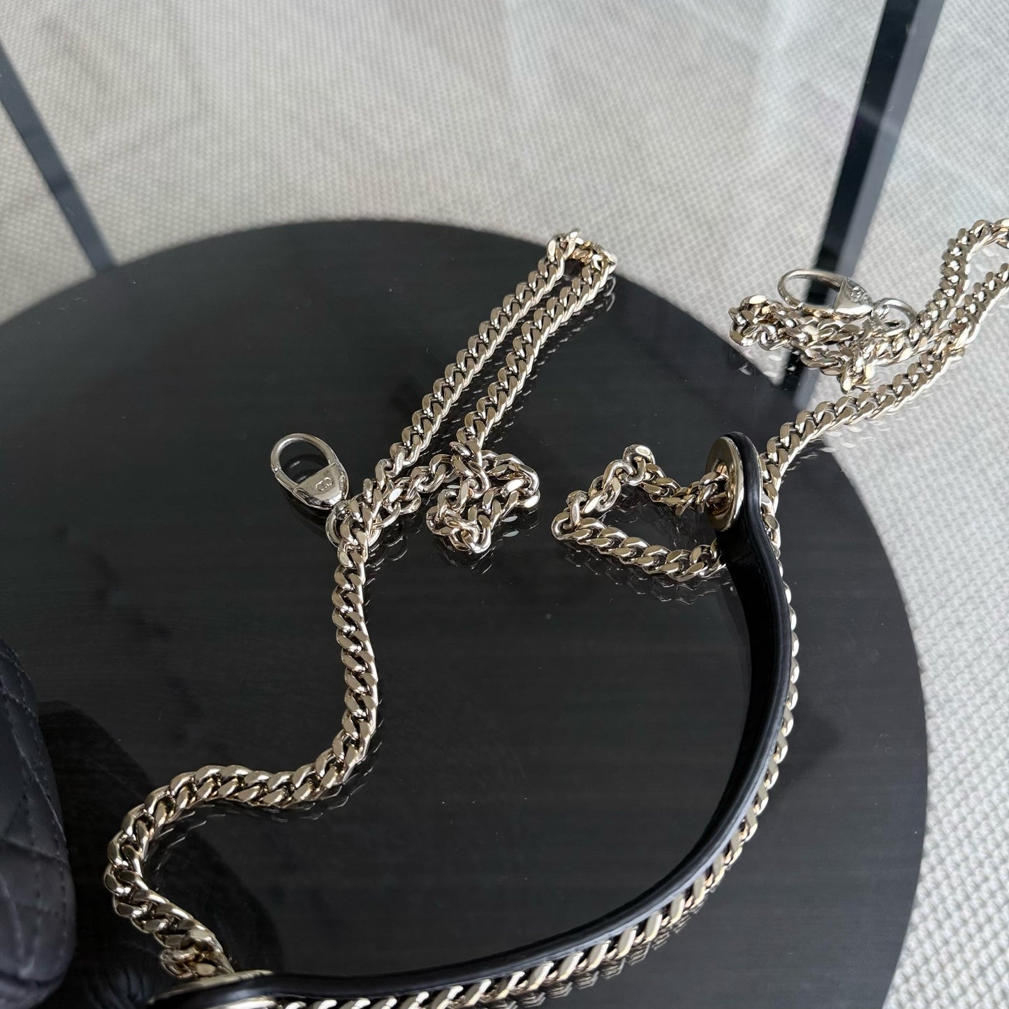 DIO Lady Mini - Dark Grey Cannage Lambskin Chain Strap with Gold Hardware