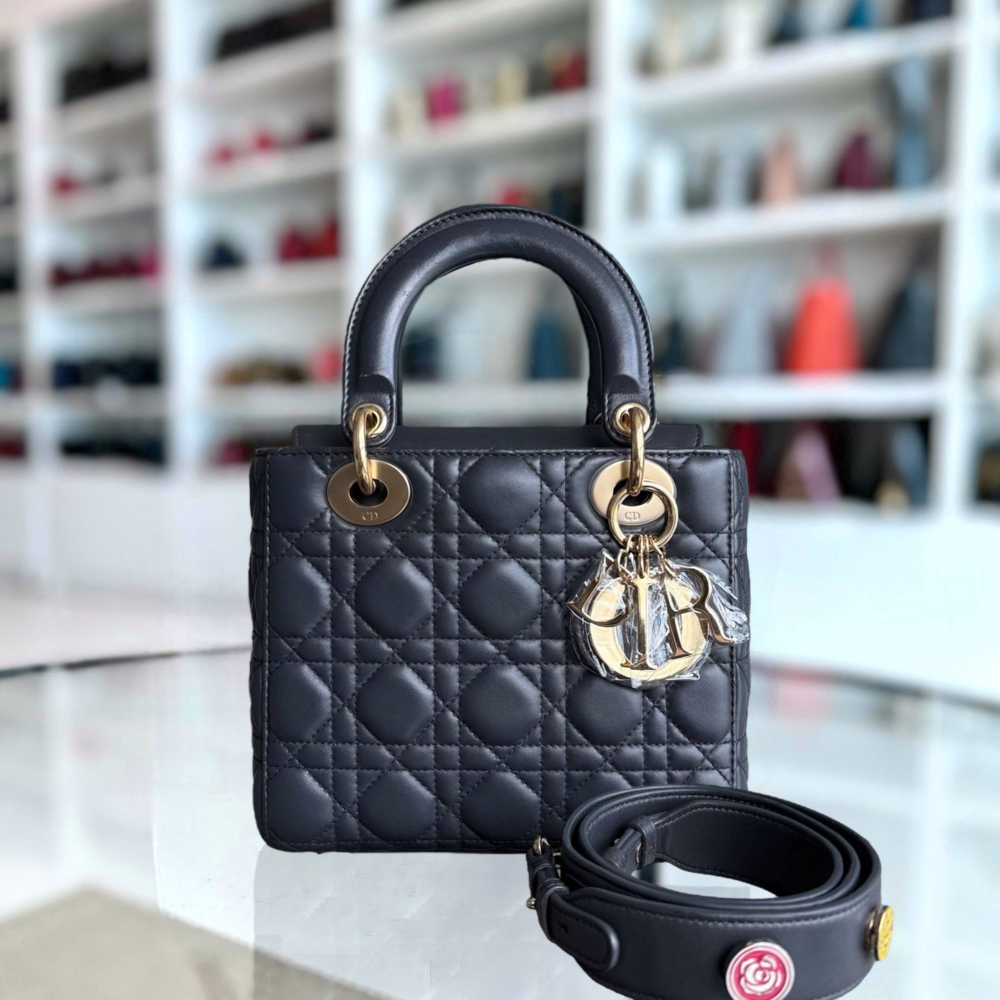 Kovancy Lady Petit - Cuir d'agneau Cannage Gris foncé Gris anthracite Quincaillerie dorée