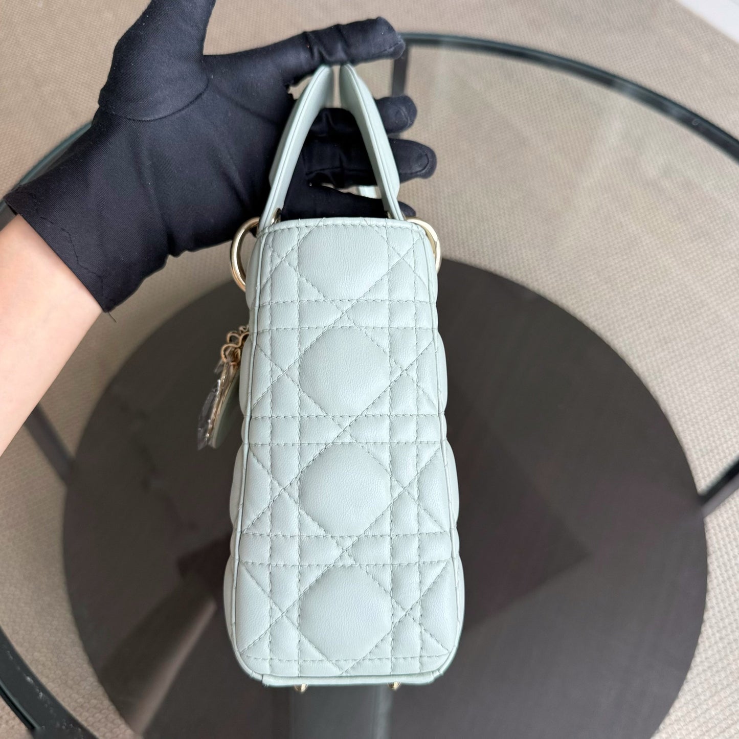 Kovancy Lady Petit - Cuir d'agneau Cannage vert menthe clair, accessoires dorés
