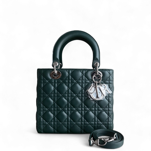 Kovancy Lady Moyen - Cuir d'agneau Cannage vert foncé, quincaillerie argentée