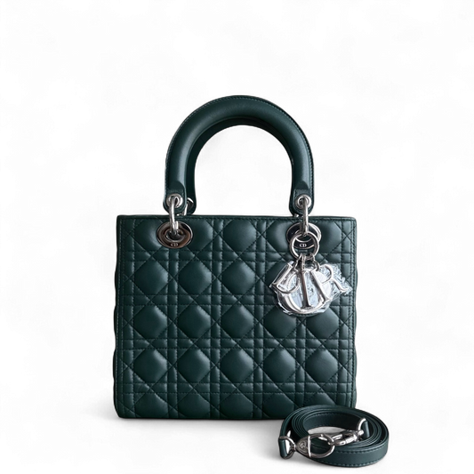 Kovancy Lady Moyen - Cuir d'agneau Cannage vert foncé, quincaillerie argentée