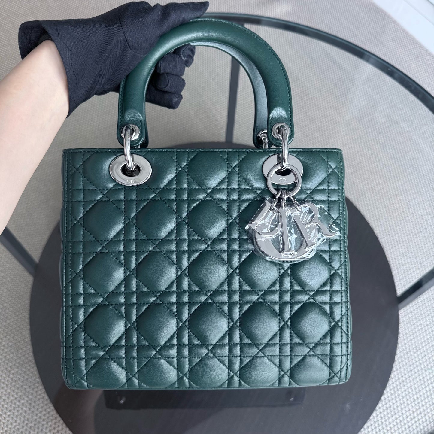 Kovancy Lady Moyen - Cuir d'agneau Cannage vert foncé, quincaillerie argentée