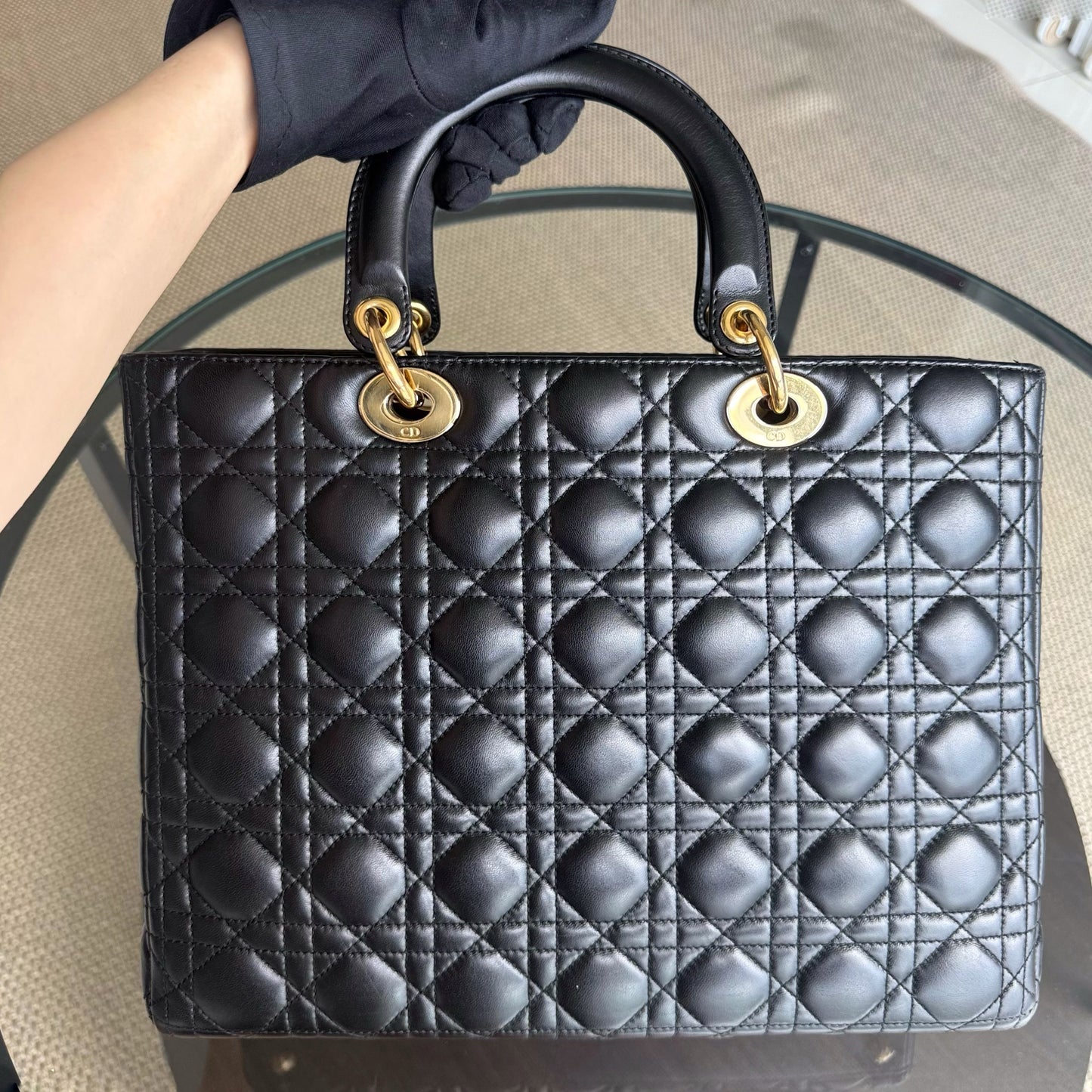 Kovancy Lady Grand - Cuir d'agneau Cannage noir Quincaillerie dorée SANS SANGLE