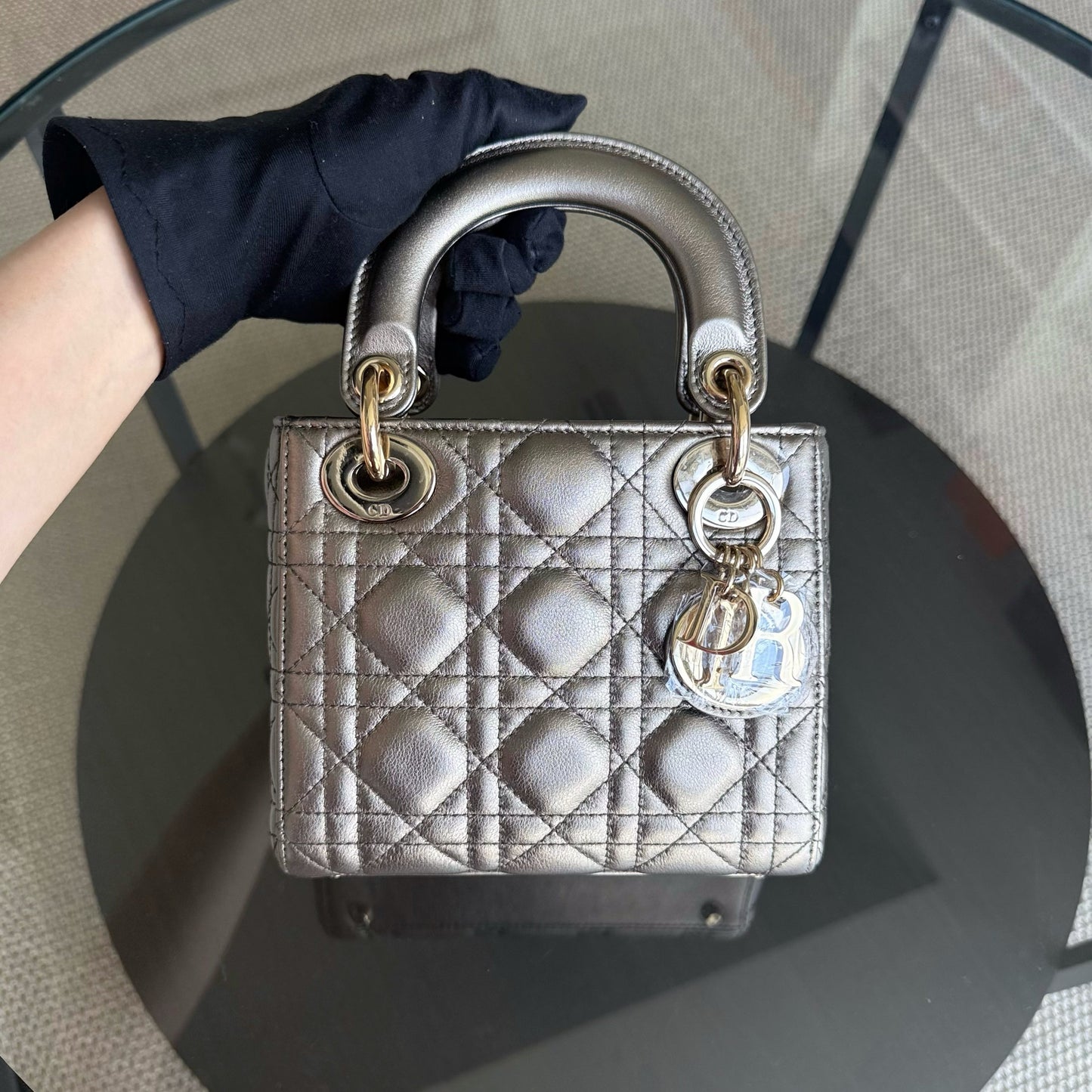 DIO Lady Mini - Cannage bronze metallic calfskin chain shoulder bag with gold-tone hardware