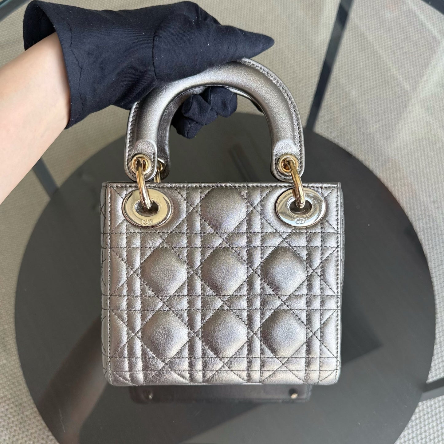 DIO Lady Mini - Cannage bronze metallic calfskin chain shoulder bag with gold-tone hardware