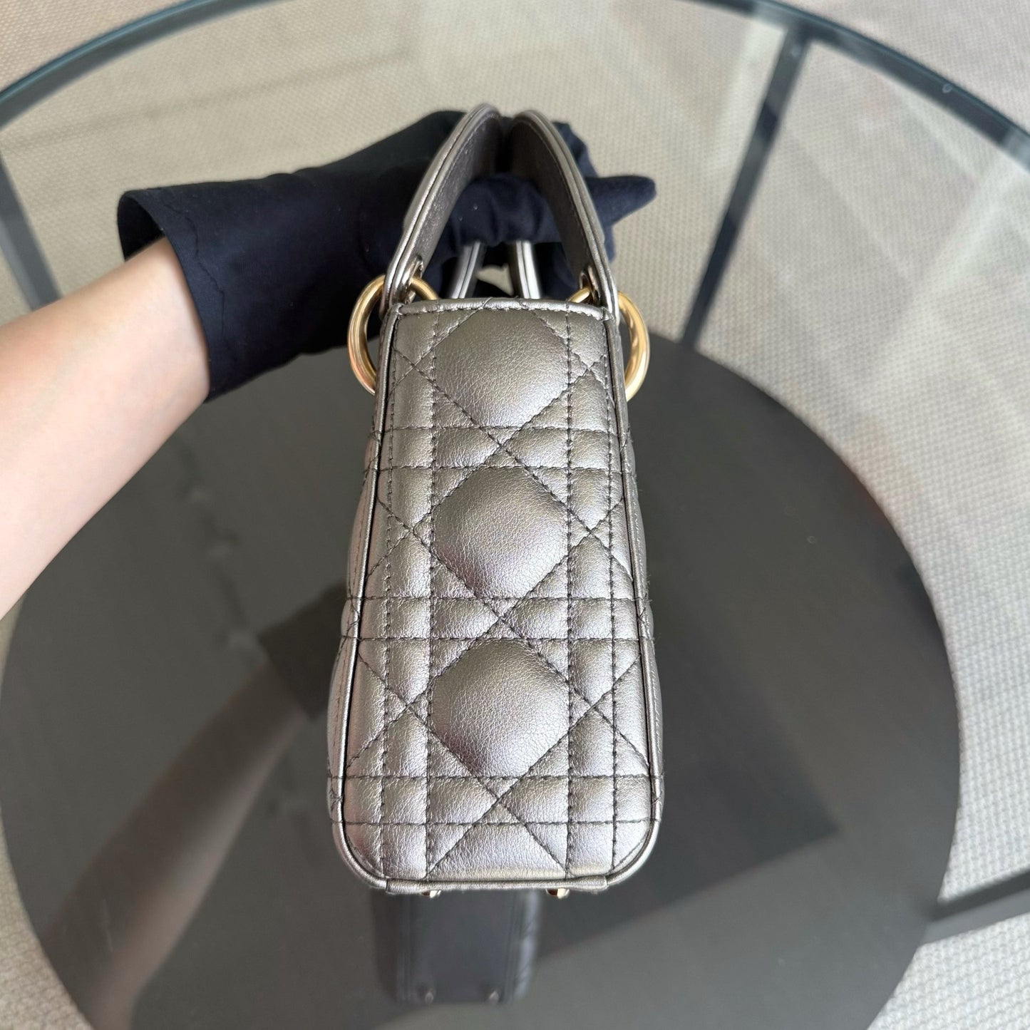 DIO Lady Mini - Cannage bronze metallic calfskin chain shoulder bag with gold-tone hardware