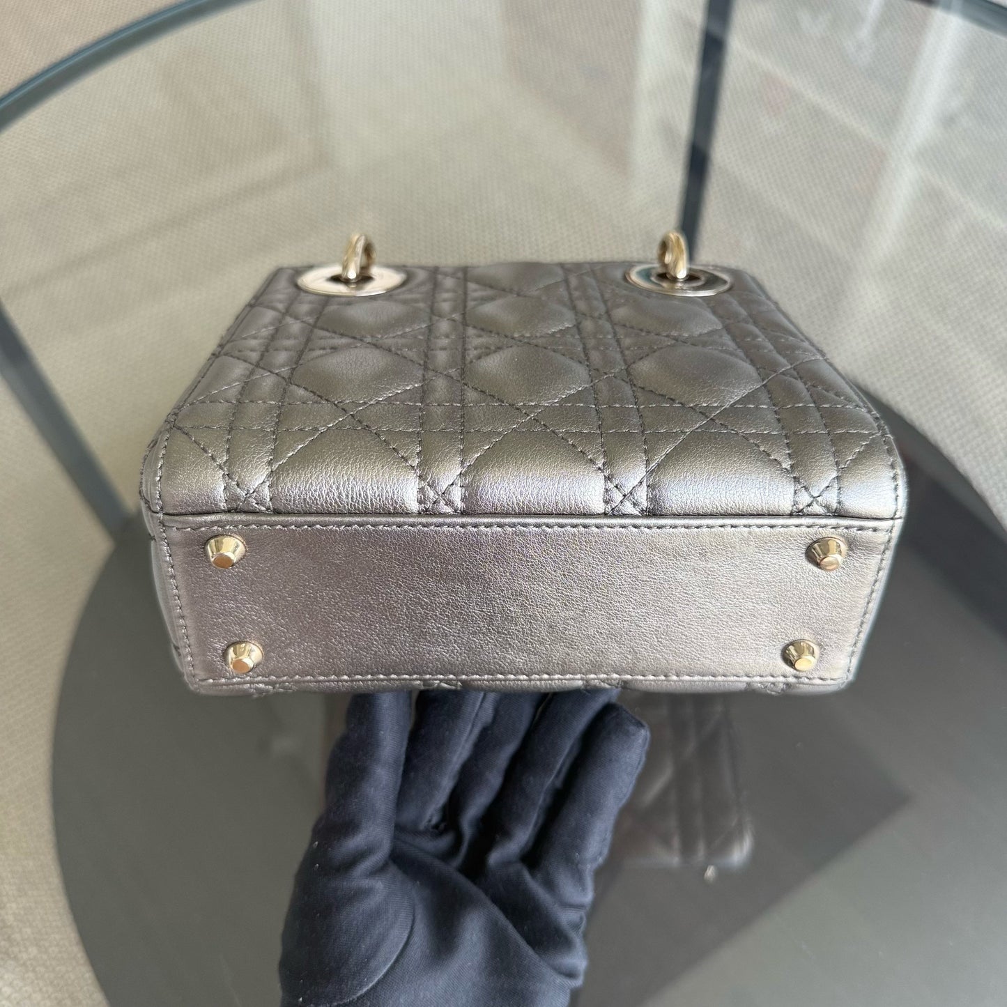 DIO Lady Mini - Cannage bronze metallic calfskin chain shoulder bag with gold-tone hardware