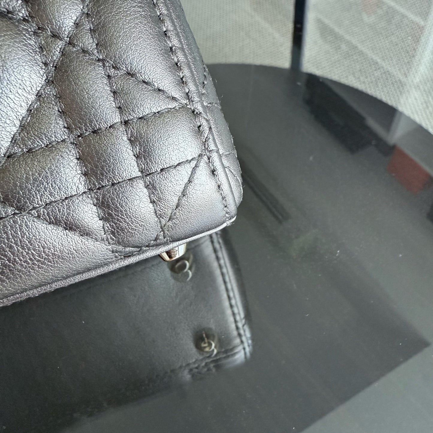DIO Lady Mini - Cannage bronze metallic calfskin chain shoulder bag with gold-tone hardware