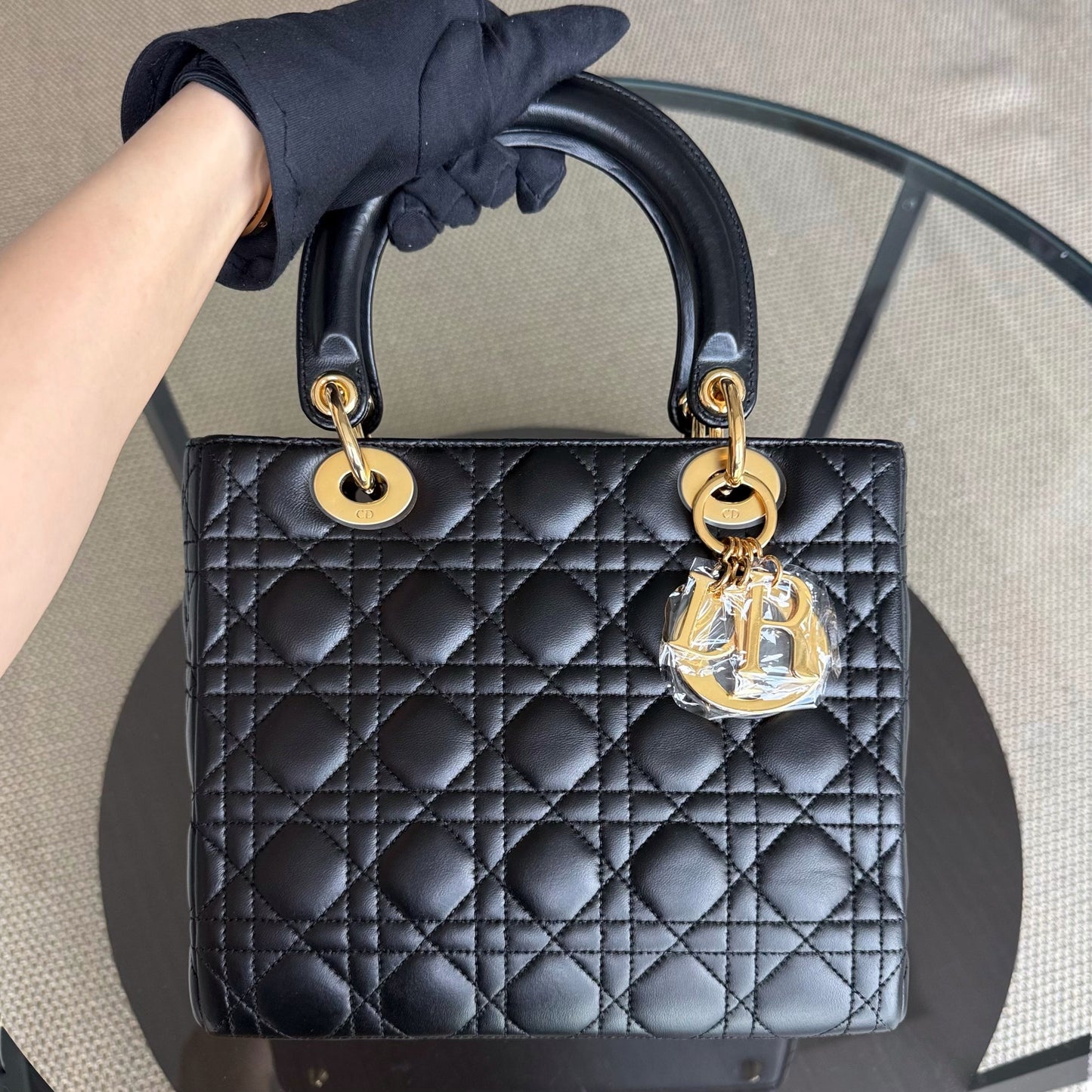 DIO Lady Medium - Black Cannage Lambskin and Gold-Tone Hardware