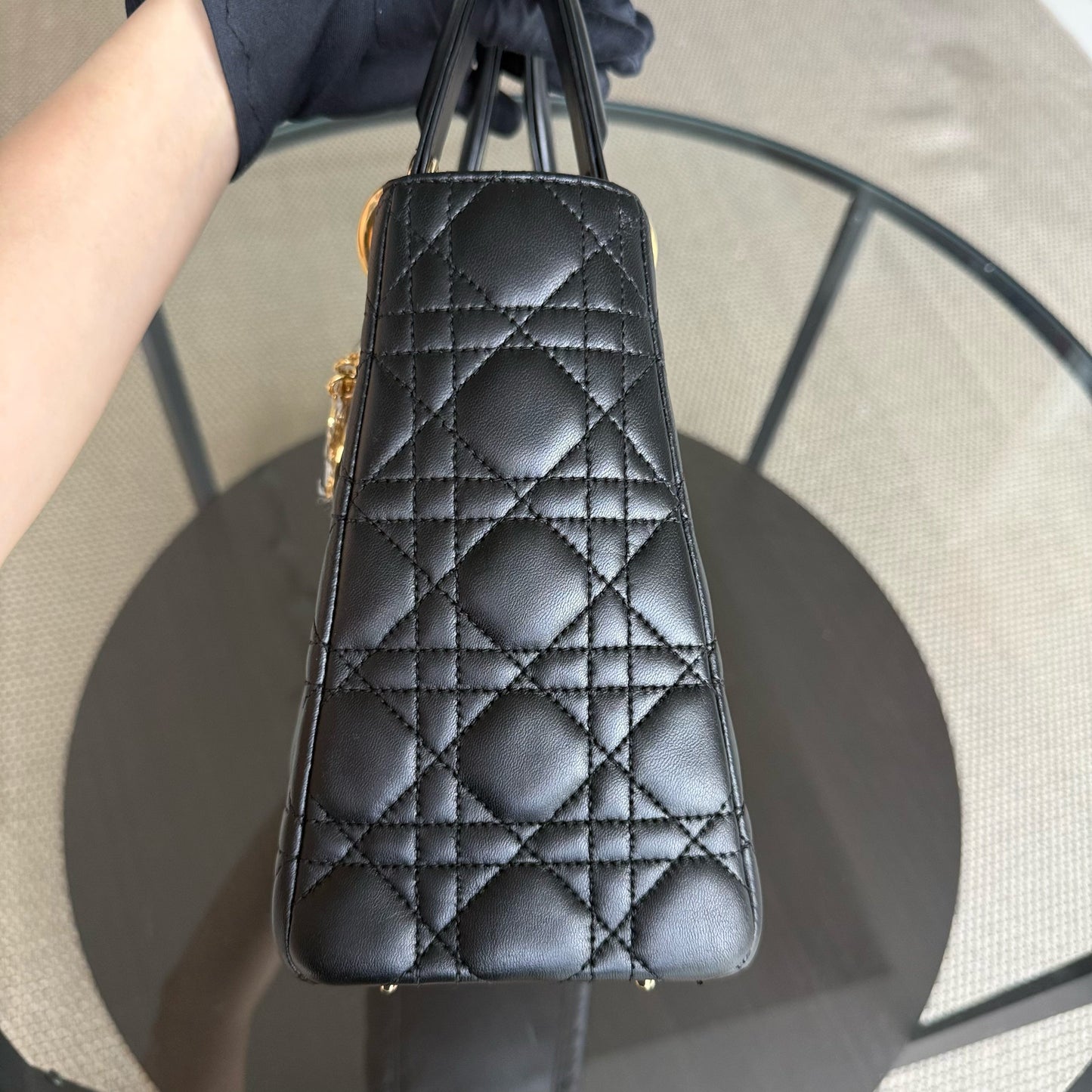 DIO Lady Medium - Black Cannage Lambskin and Gold-Tone Hardware