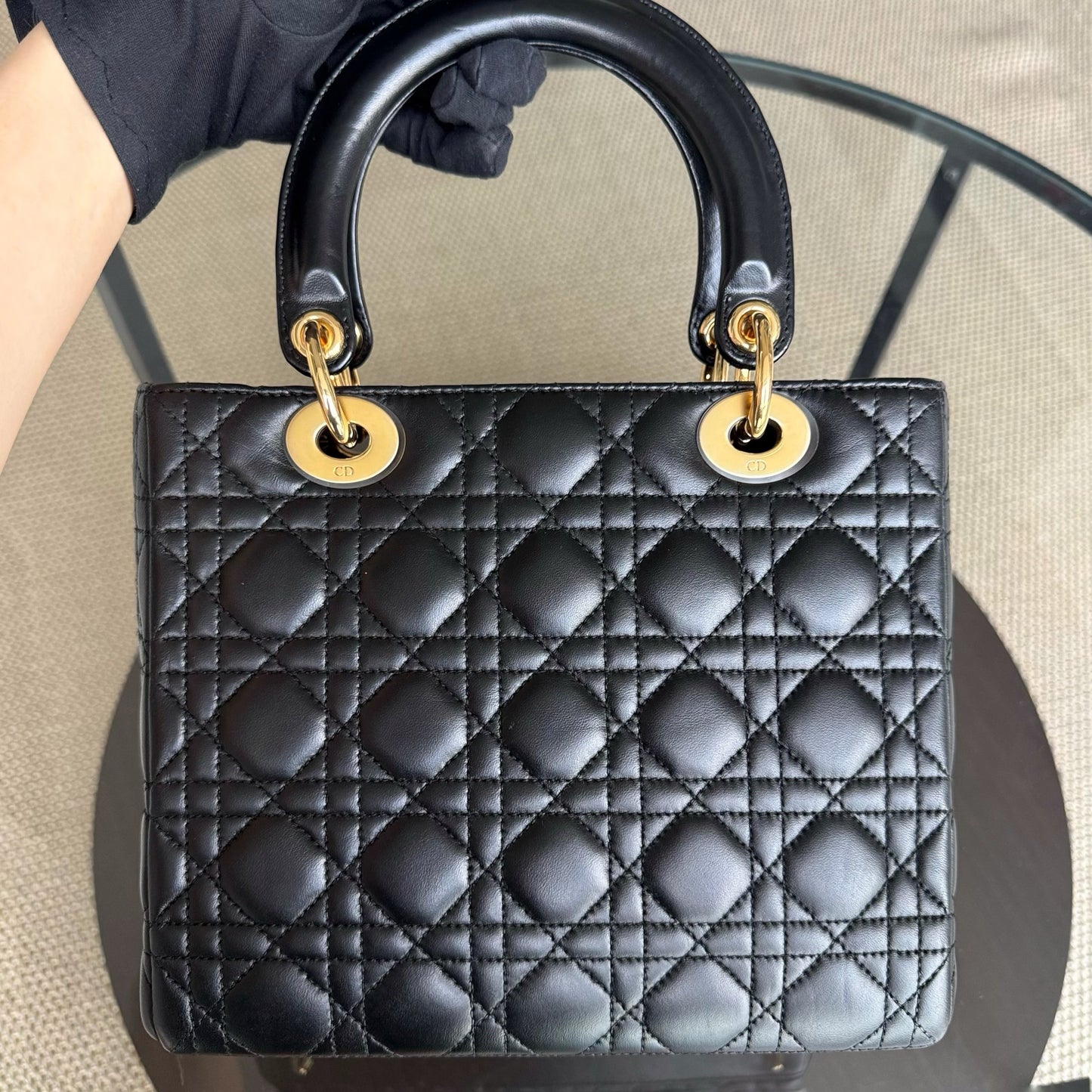 DIO Lady Medium - Black Cannage Lambskin and Gold-Tone Hardware