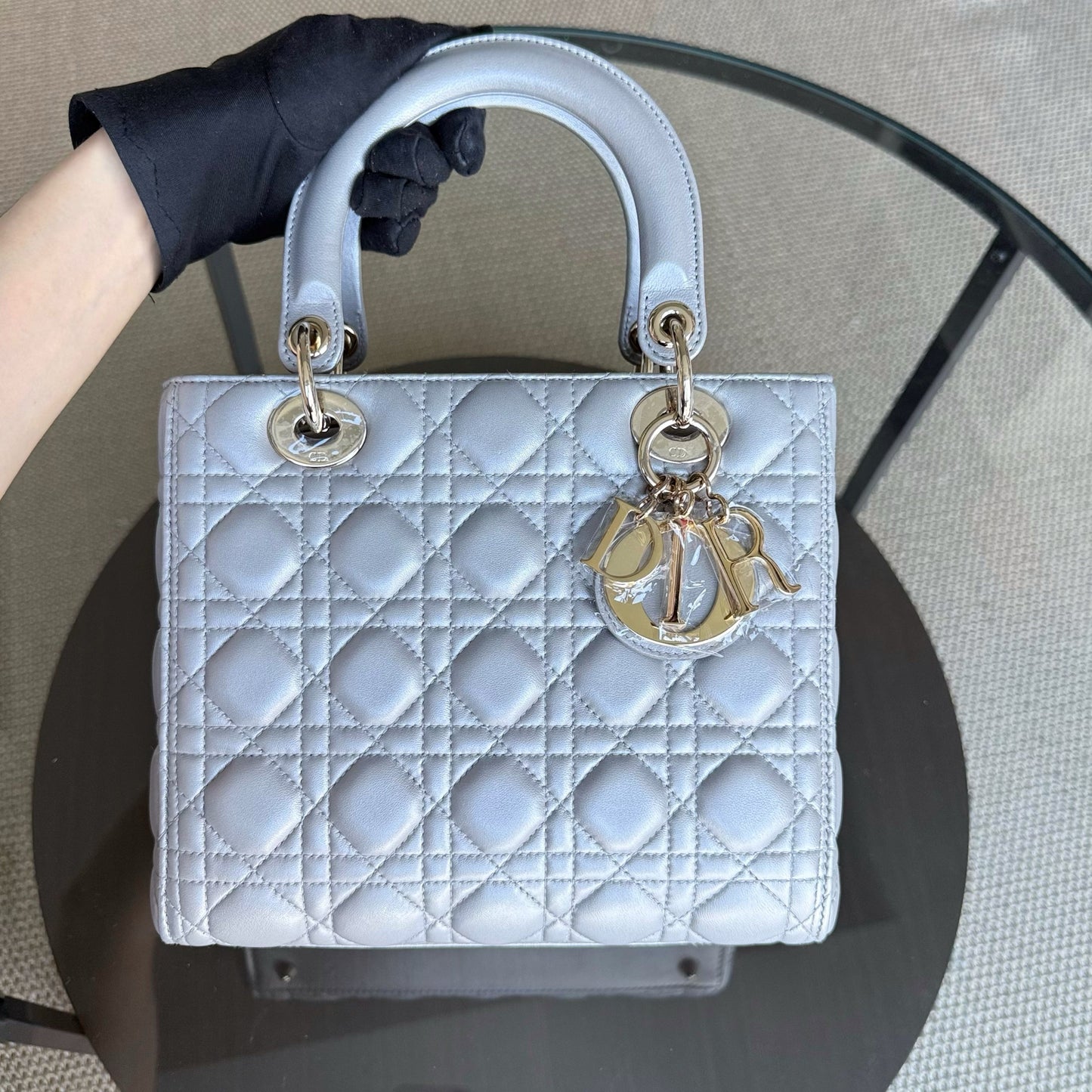 Medium DIO Lady - Grey Cannage Lambskin Gold Hardware NO STRAP