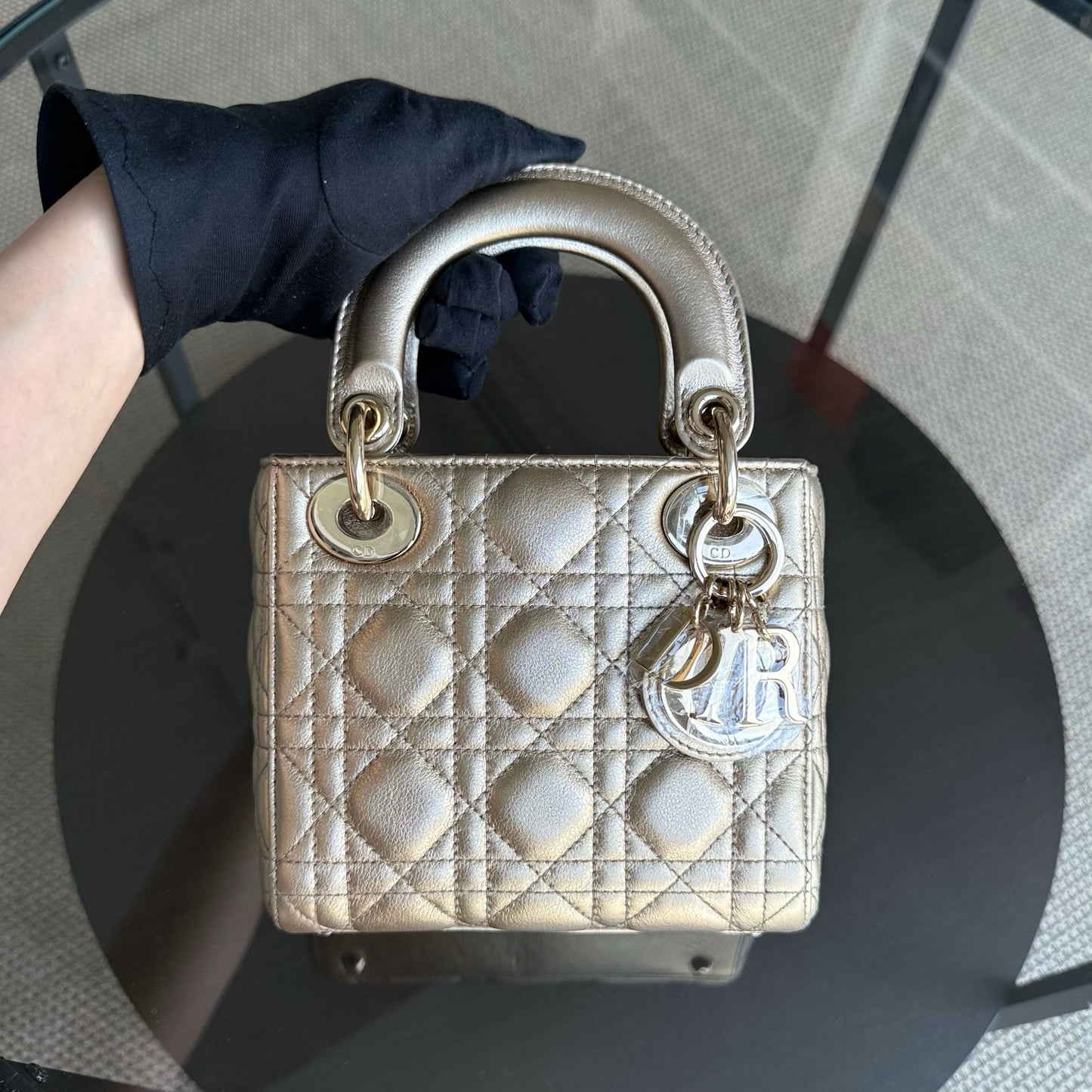 Kovancy Lady Mini - Bandoulière chaîne en cuir de veau Cannage métallisé doré avec quincaillerie dorée