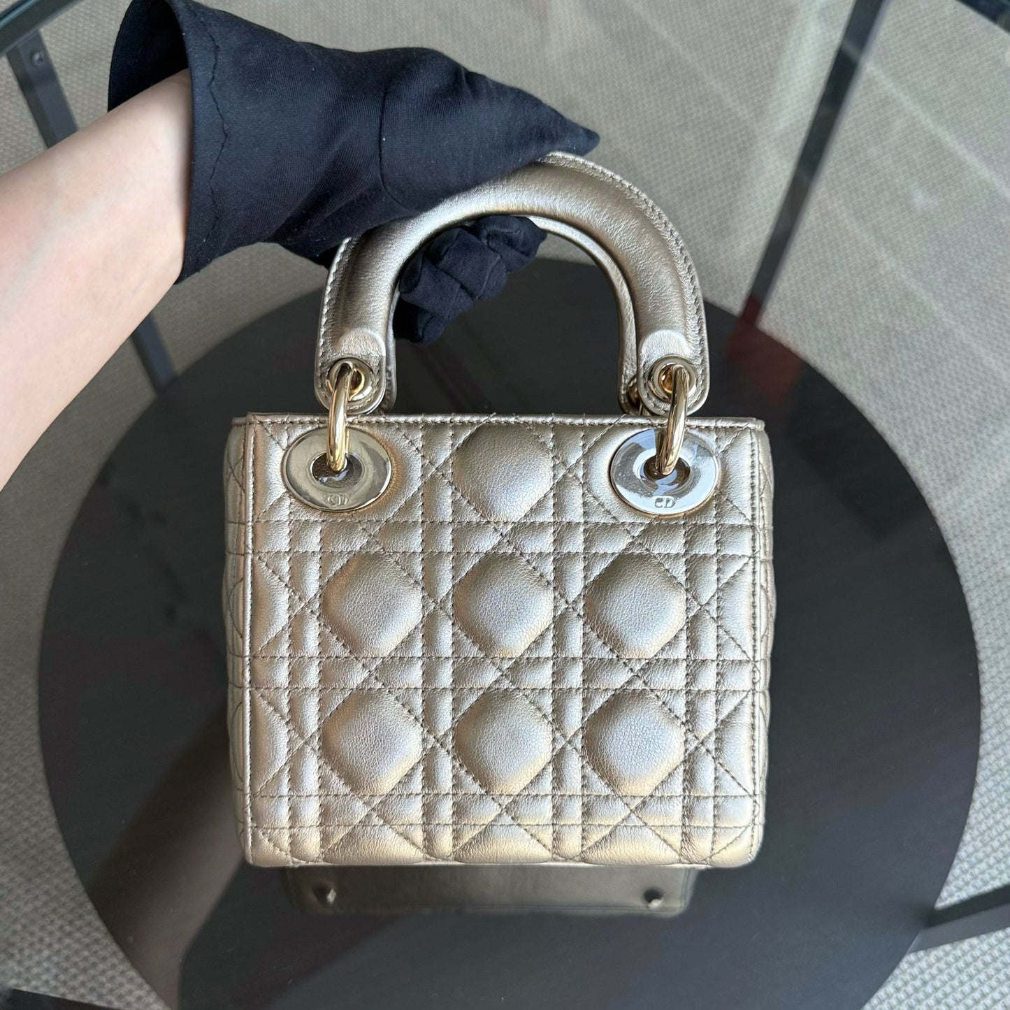 Kovancy Lady Mini - Bandoulière chaîne en cuir de veau Cannage métallisé doré avec quincaillerie dorée
