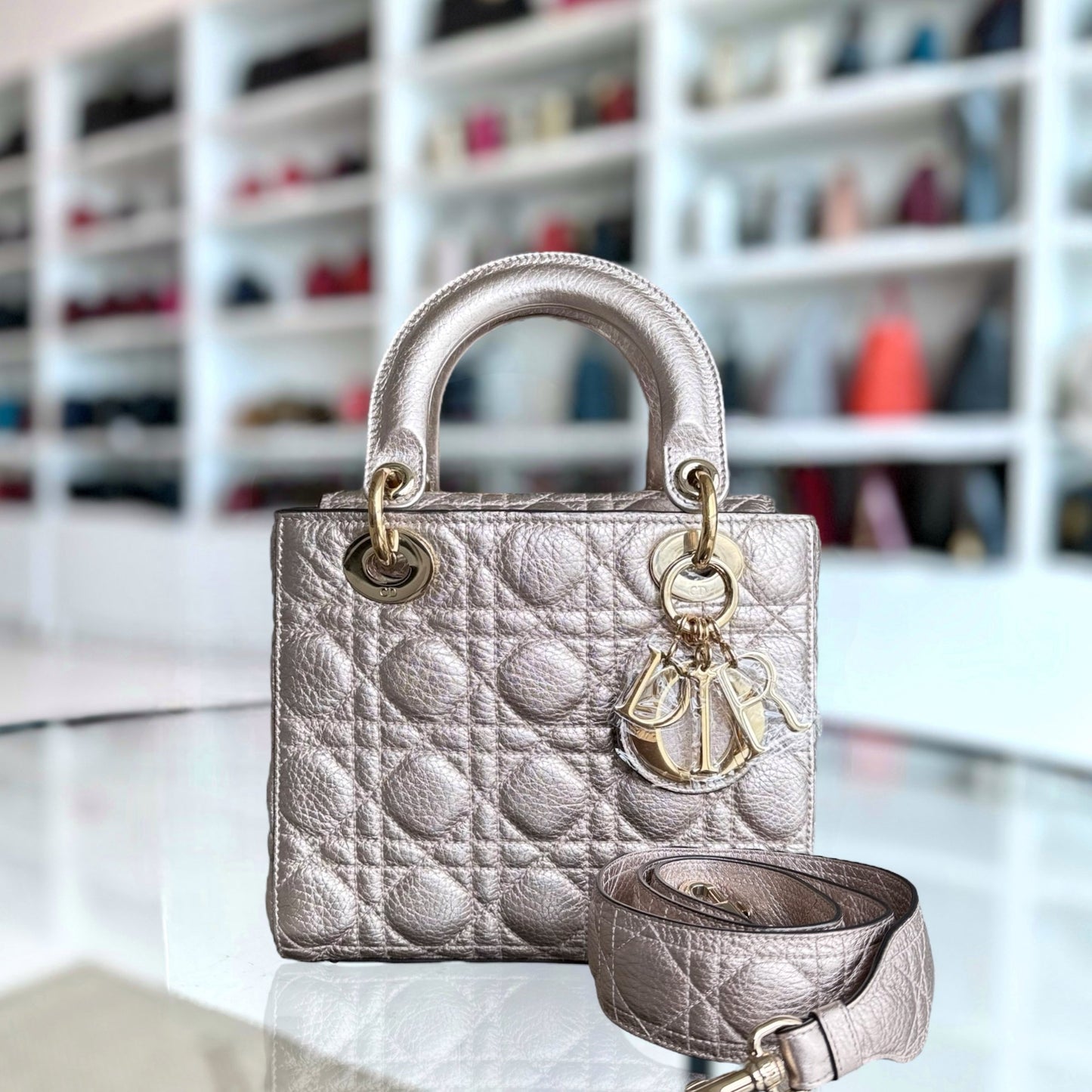 DIO Lady Petite - Cannage Calfskin Rose Gold Metallic Gold Hardware