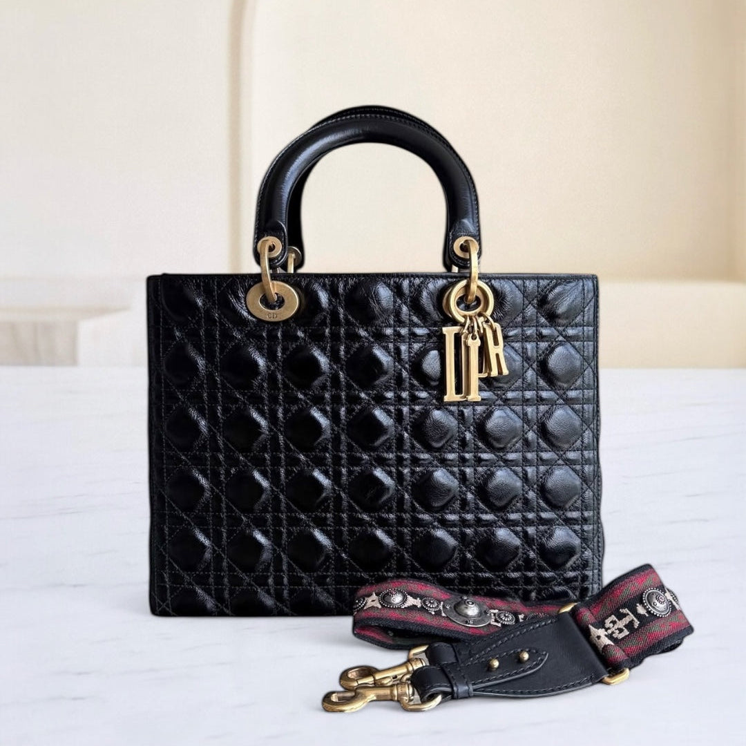 Kovancy Lady Grand Rabat - Cuir de Veau Glacé Cannage Noir Quincaillerie Dorée