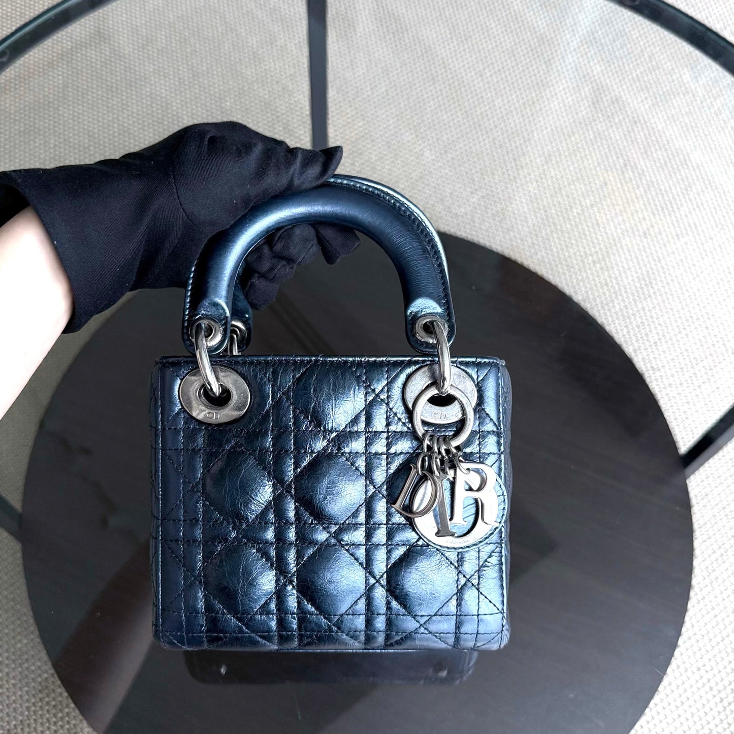 Kovancy Lady Mini - Cuir de veau glacé Cannage bleu métallisé, quincaillerie argentée