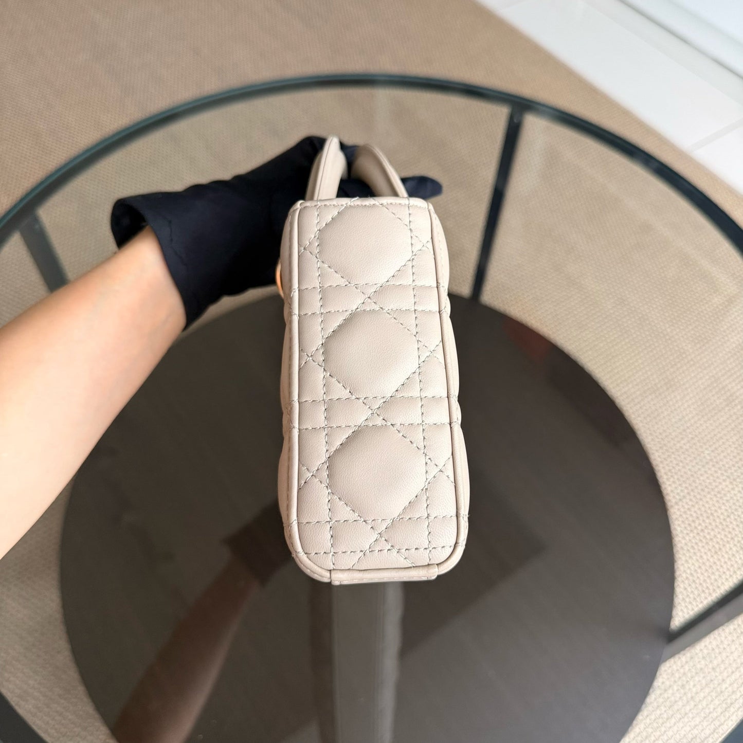 DIO D-Joy Medium Cannage Shoulder Bag in Beige Lambskin with Gold-Tone Hardware