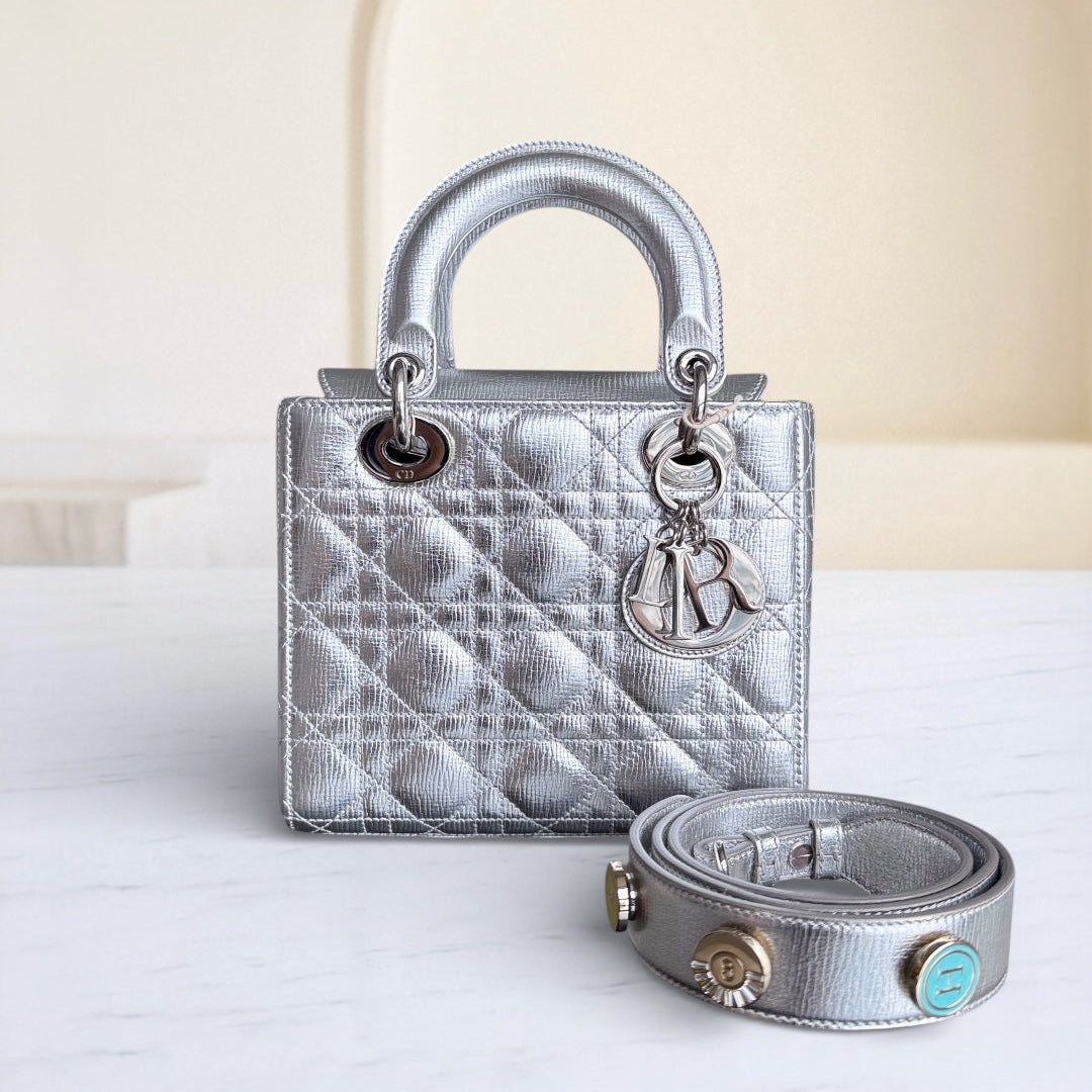 Kovancy Lady Petit - Cuir de veau métallisé Cannage Argent Quincaillerie argentée
