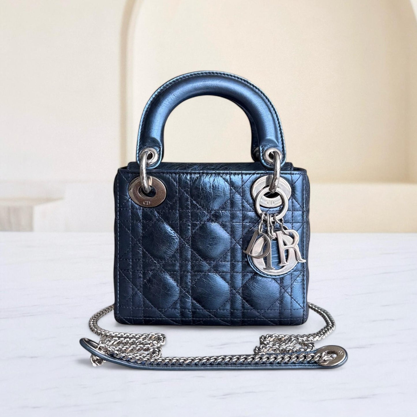 Kovancy Lady Mini - Cuir de veau glacé Cannage bleu métallisé, quincaillerie argentée