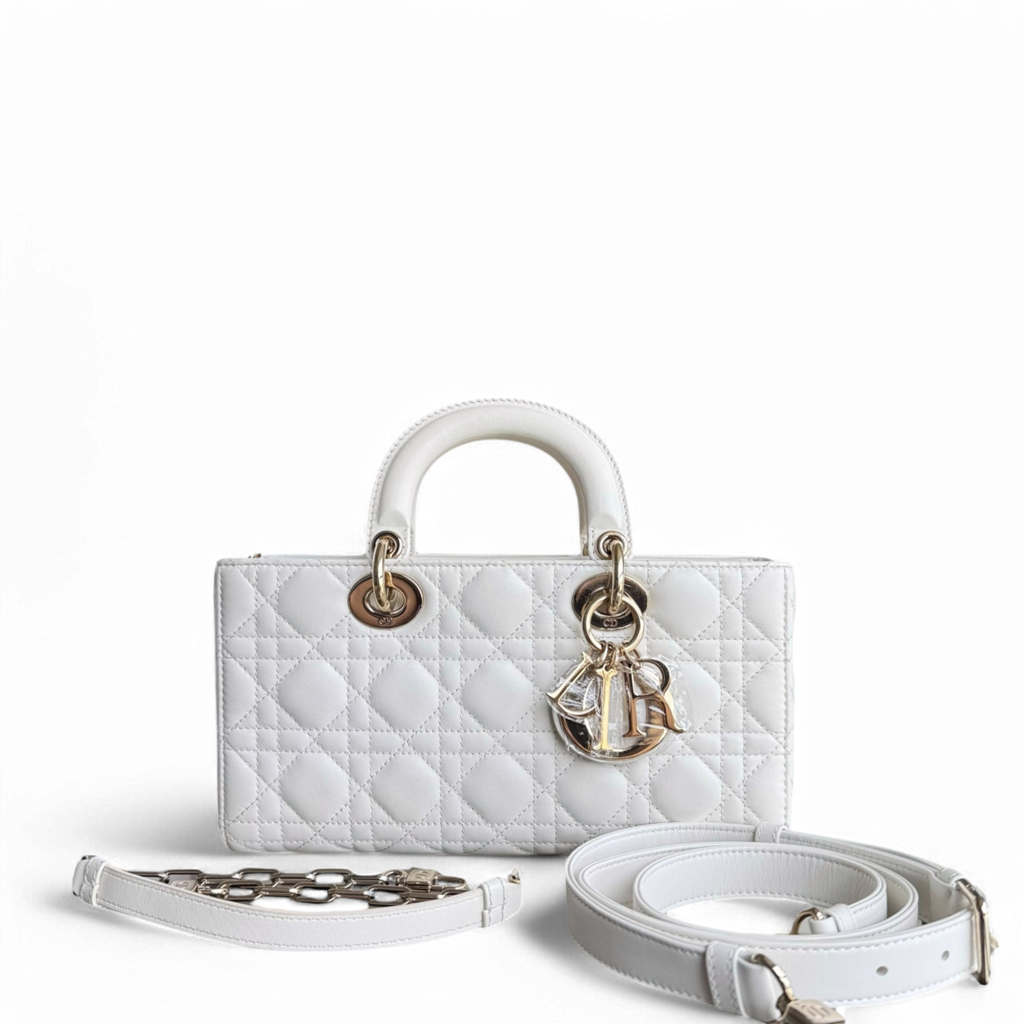 Kovancy D-joy Medium - Cuir d'agneau Cannage Blanc Quincaillerie en or