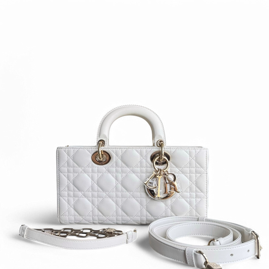 Kovancy D-joy Medium - Cuir d'agneau Cannage Blanc Quincaillerie en or