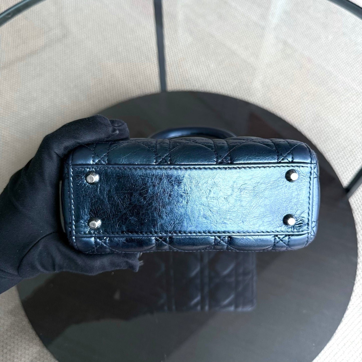Kovancy Lady Mini - Cuir de veau glacé Cannage bleu métallisé, quincaillerie argentée