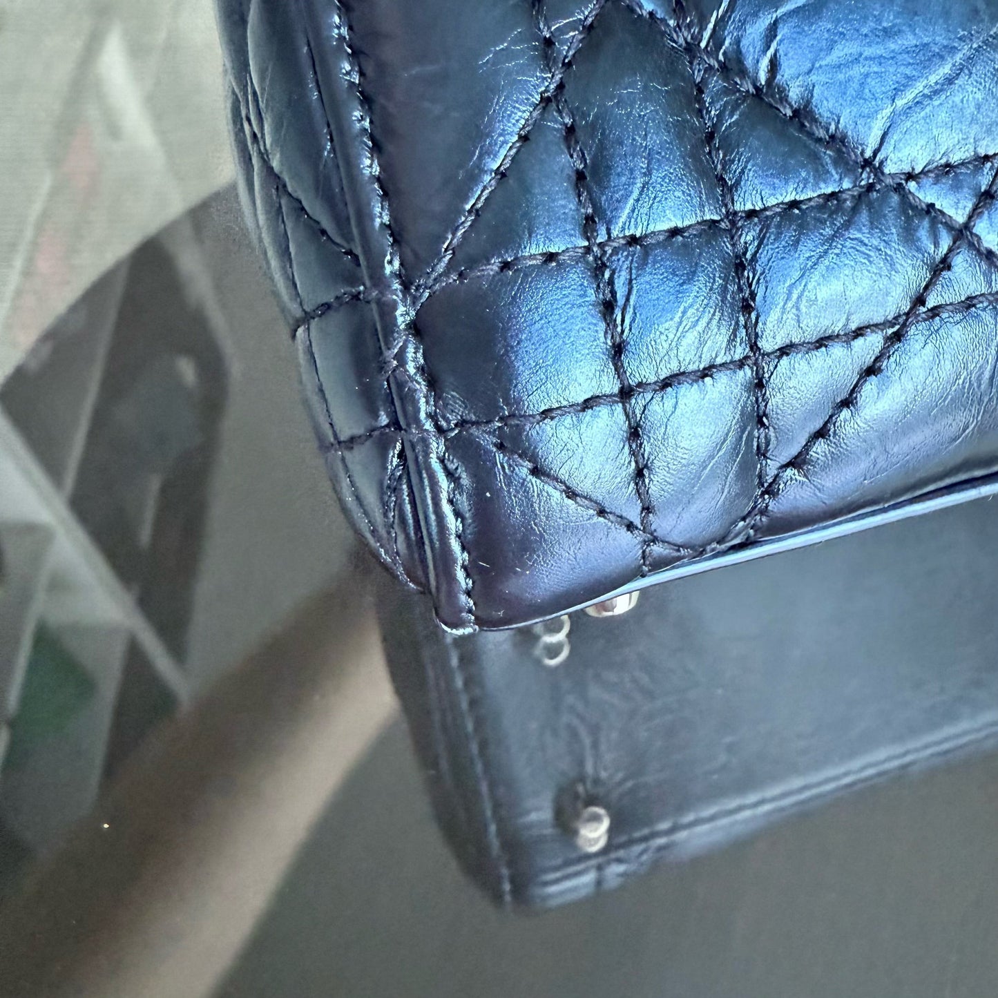 Kovancy Lady Mini - Cuir de veau glacé Cannage bleu métallisé, quincaillerie argentée