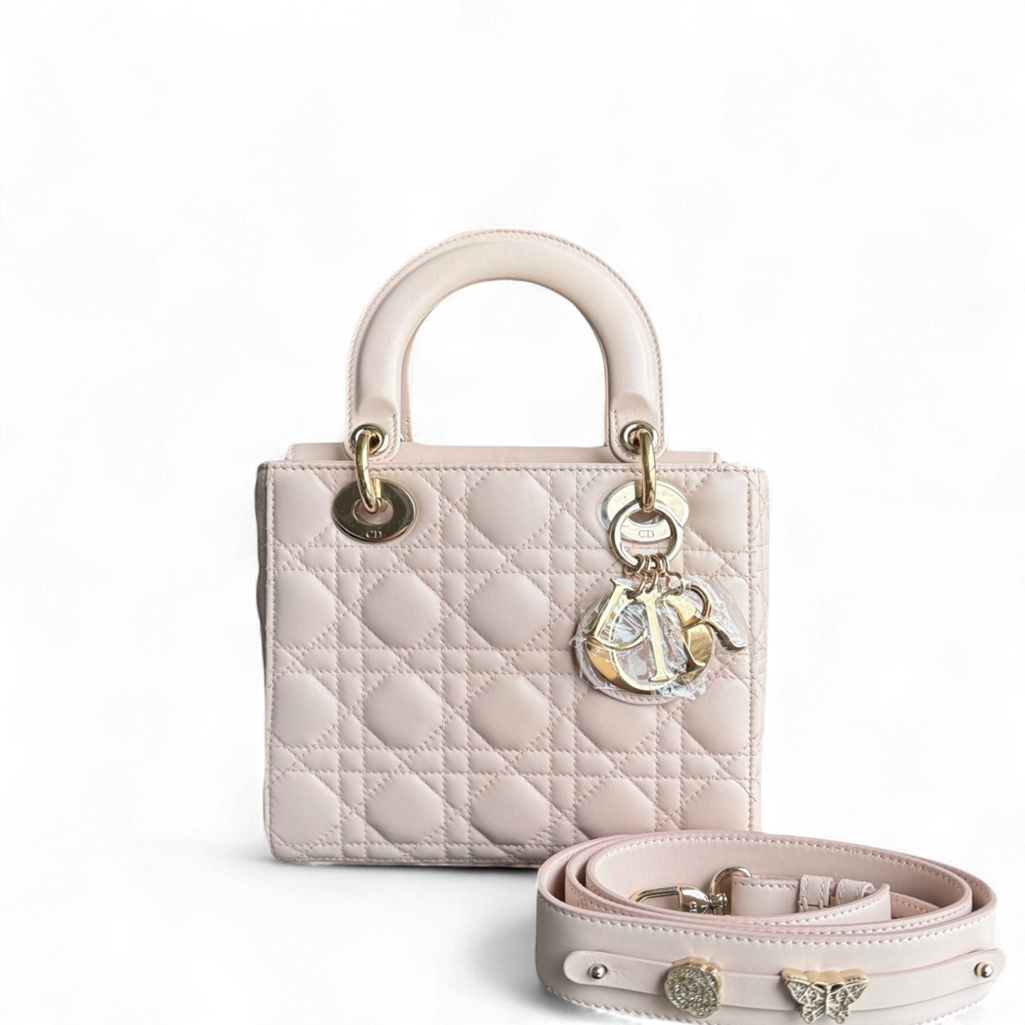 Kovancy Lady Petit rabat ABC - Cuir d'agneau Cannage rose poudré, quincaillerie dorée MyABC