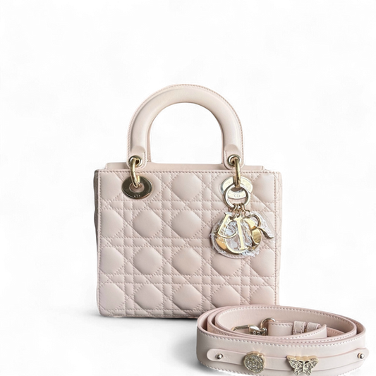 Kovancy Lady Petit rabat ABC - Cuir d'agneau Cannage rose poudré, quincaillerie dorée MyABC