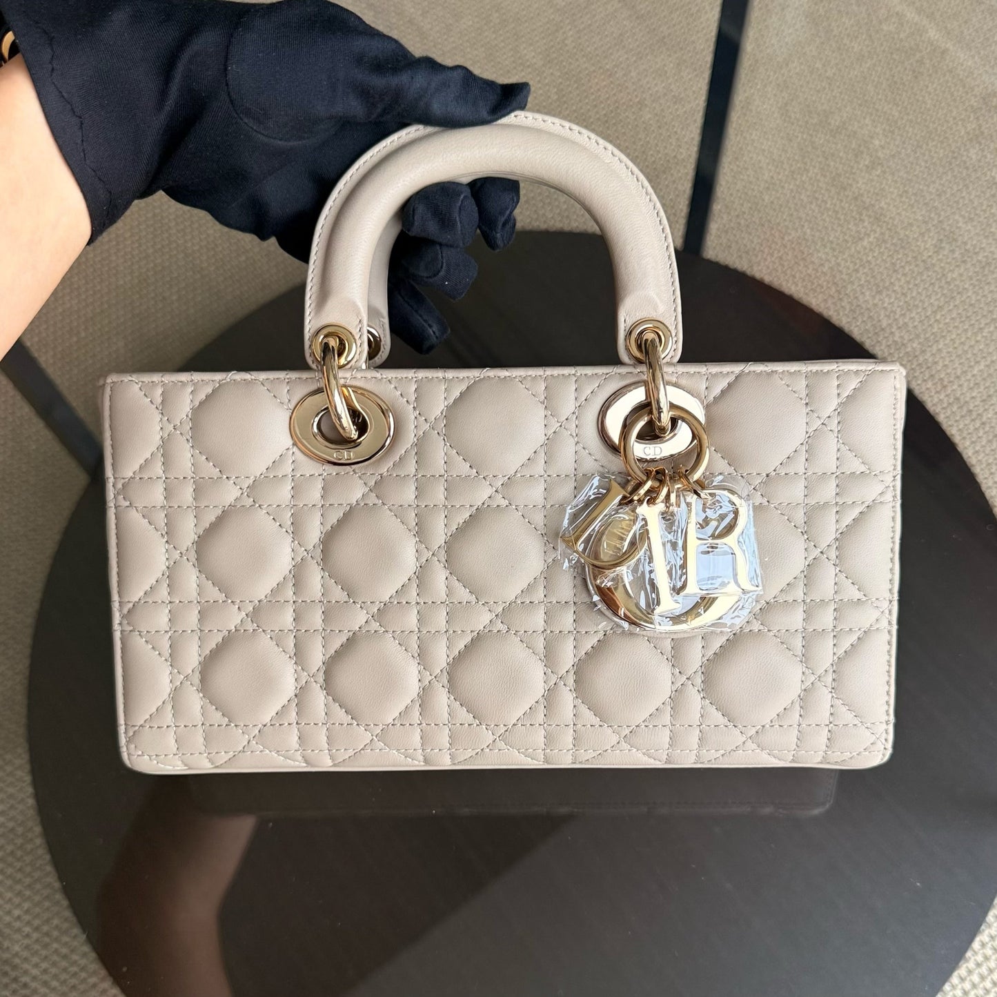 DIO D-Joy Medium Cannage Shoulder Bag in Beige Lambskin with Gold-Tone Hardware